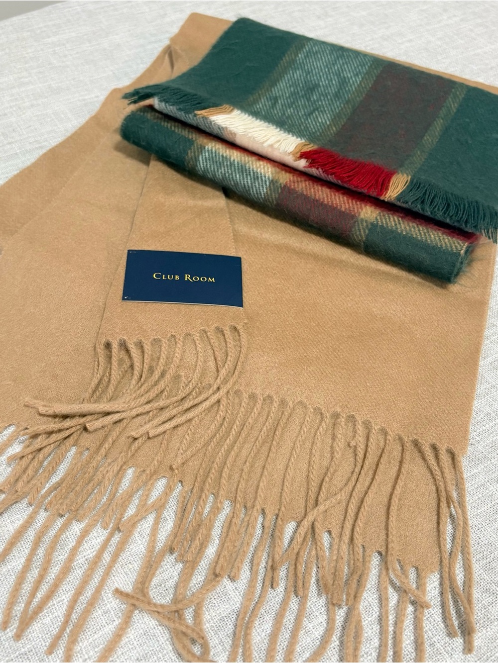 Club Room Camel Cashmere Scarfs with Green & Red Plaid Bonus Scarf NWT